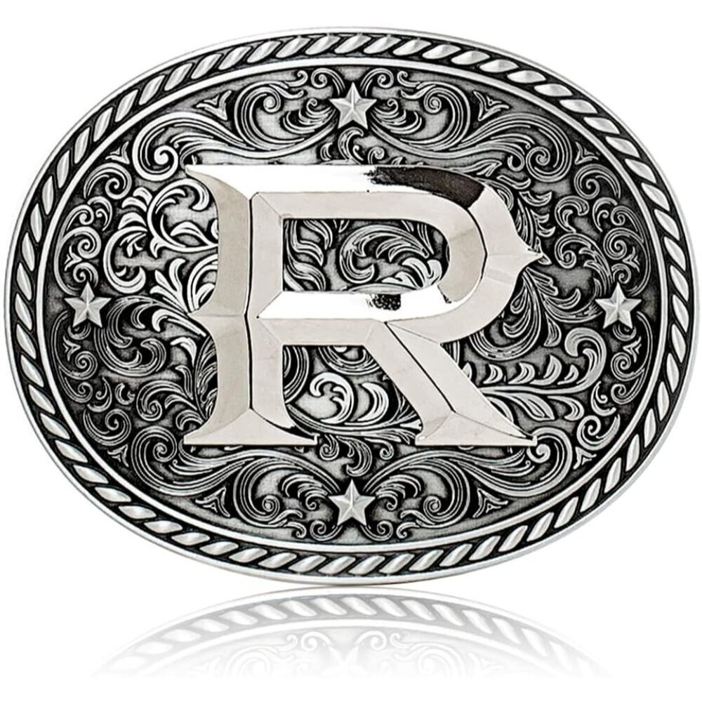 Women's Silver R Cowgirl Initial Large Letter Zinc Alloy Imported Belt Buckles
